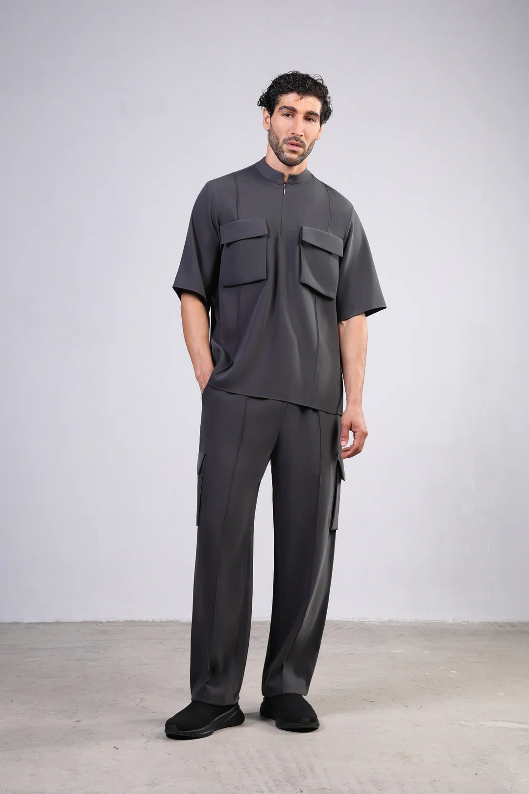 Kurzarm Utility Hemd Stehkragen Taschen